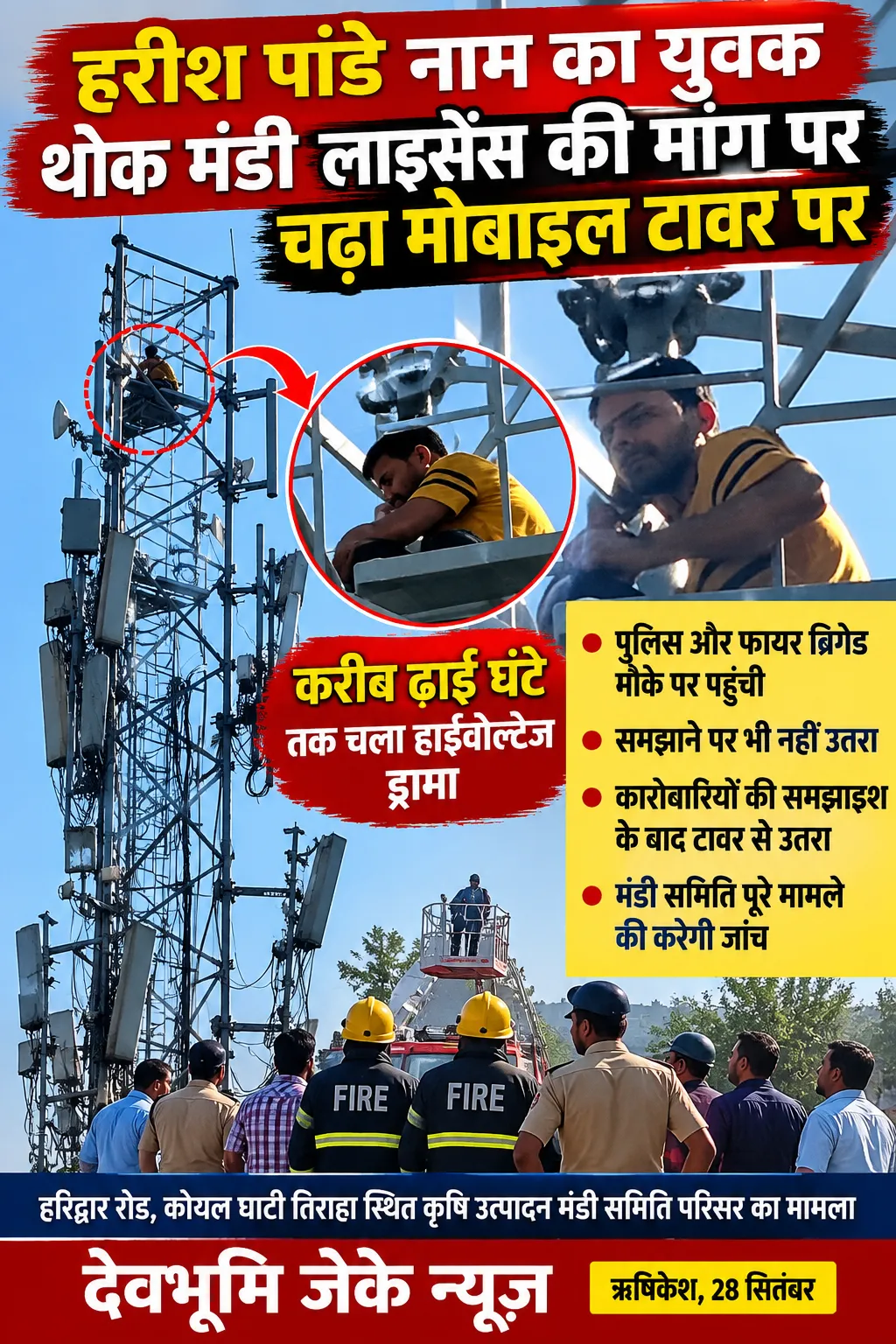 थोक मंडी लाइसेंस की मांग पर मोबाइल टावर पर चढ़ा हरीश, ढाई घंटे तक चला हाईवोल्टेज ड्रामा,